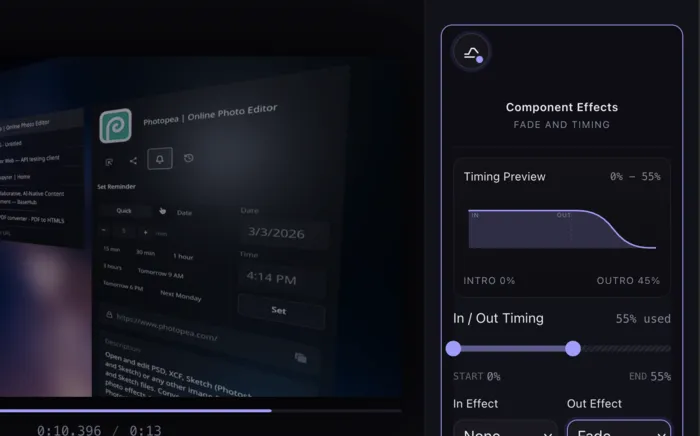 Close-up of the component inspector showing timing preview and in-out effect settings