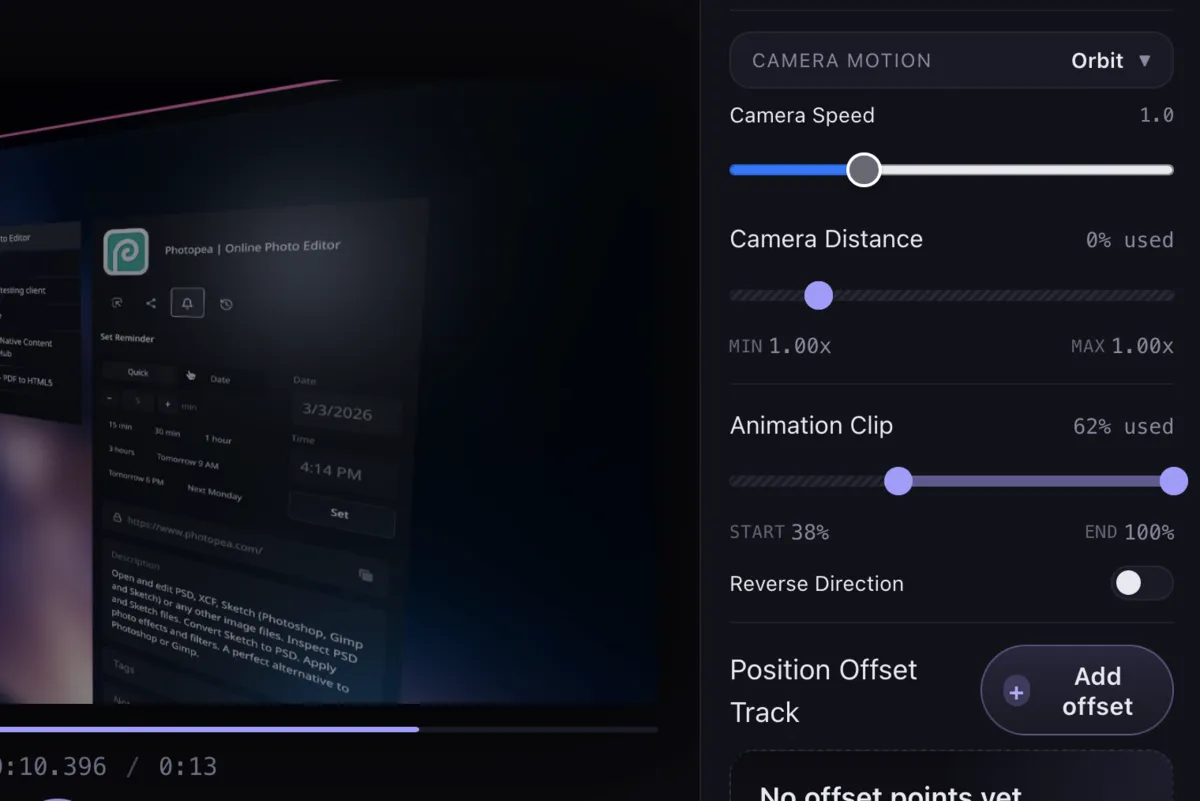 Component inspector showing camera motion, speed, distance, and animation clip controls