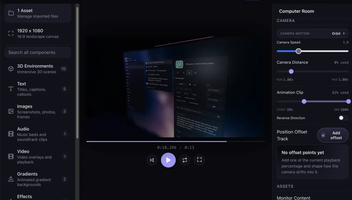 Components panel overview with asset management, category list, preview playback, and camera controls