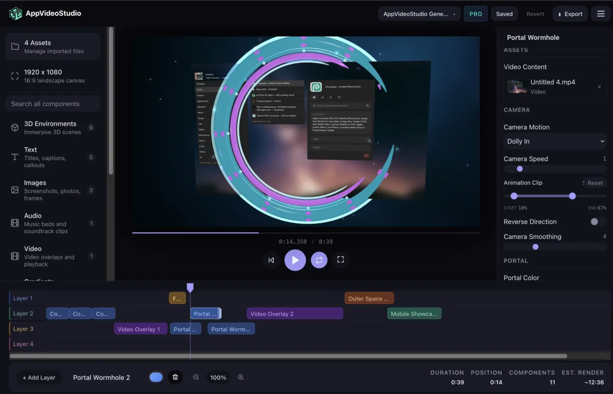 Timeline editor showing layered tracks beneath the live preview and component inspector
