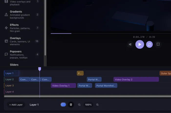 Timeline view focused on staggered clips across multiple layers