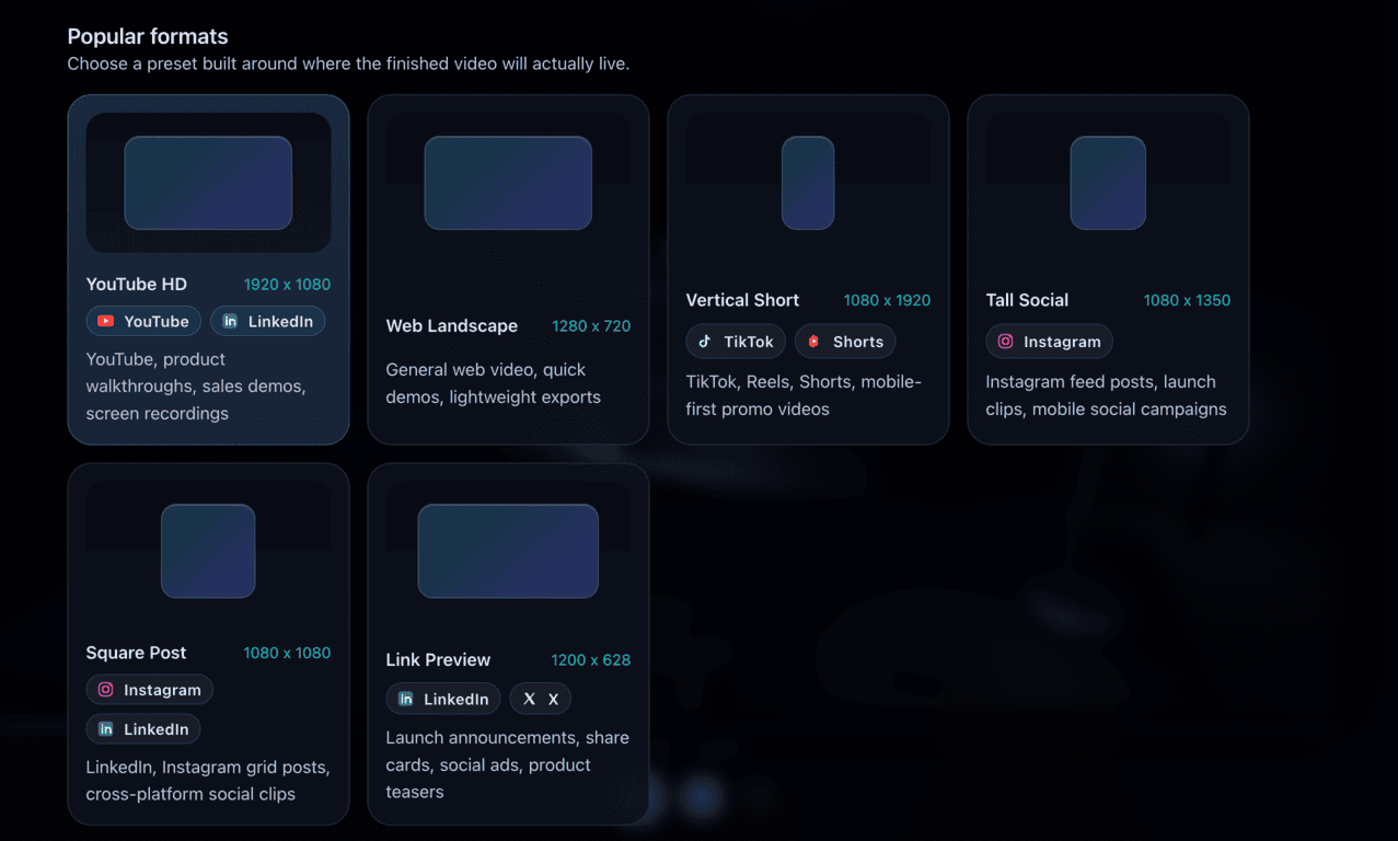 Format presets for YouTube, TikTok, Instagram, LinkedIn, and more