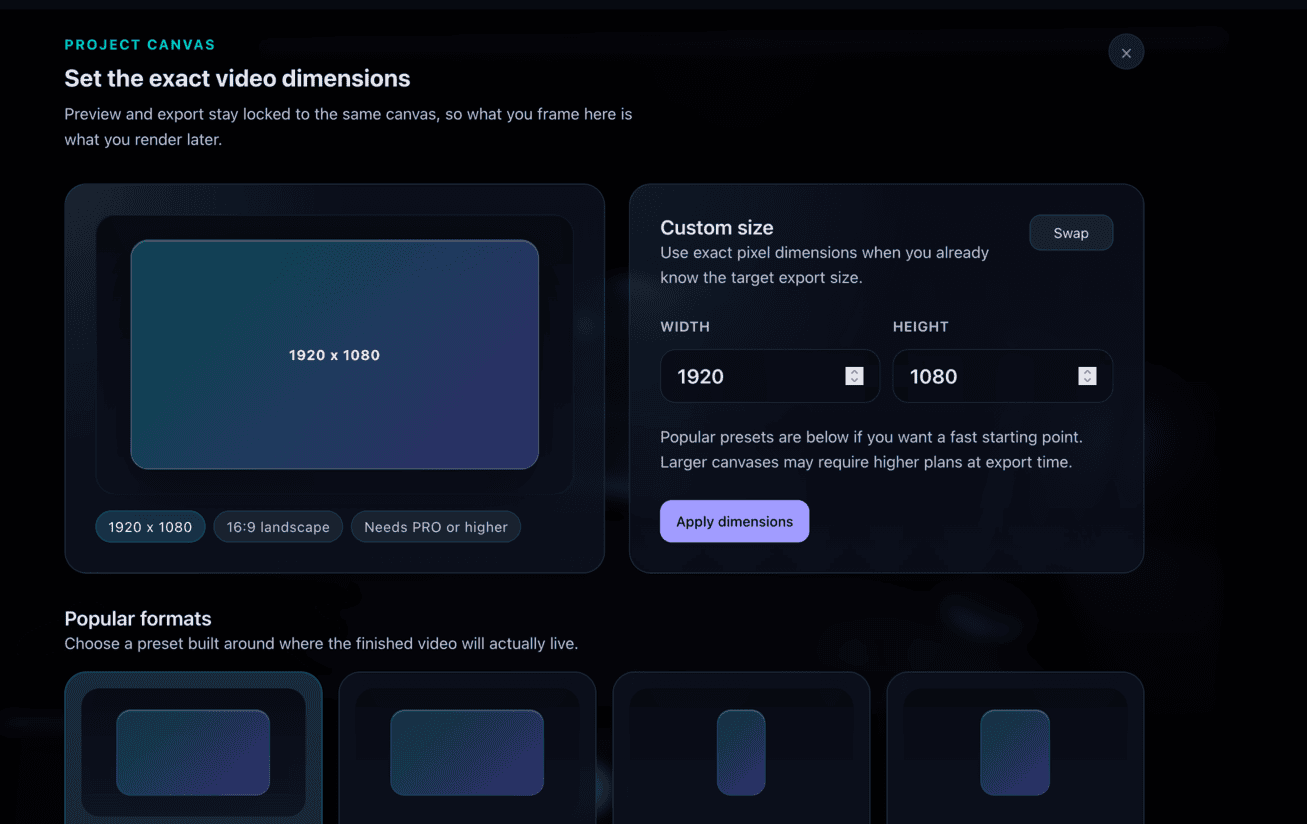 Video dimensions preview