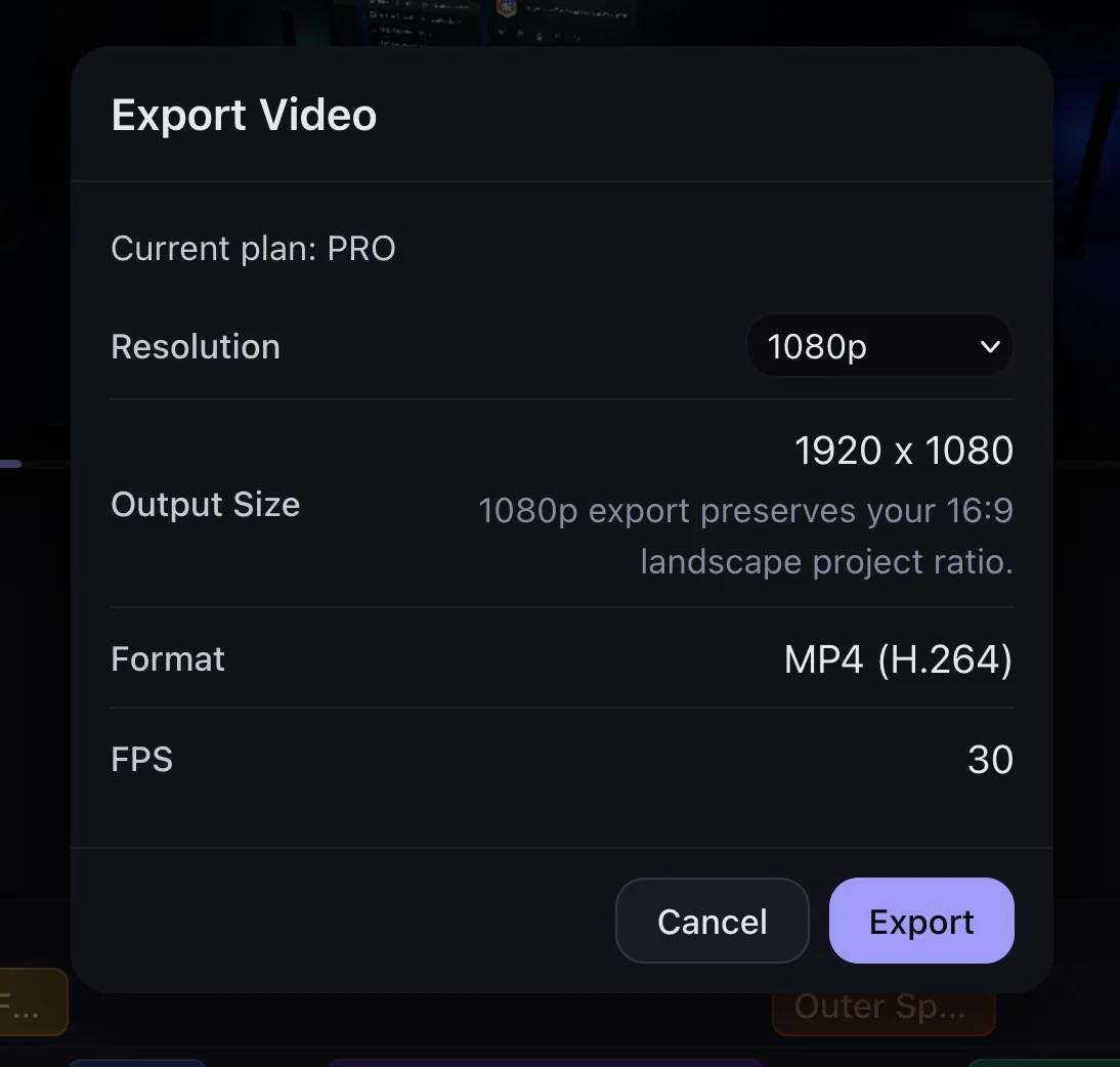 Export dialog showing plan, resolution, output size, MP4 format, and 30 fps